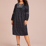 Women Plus Size Midi Dresses Spring and Summer Leisure Printed Loose Long Sleeves Dress