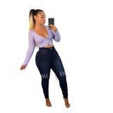 Women Plus Size Jeans High Waist Slim-Fit Lace Up Denim Skinny Trousers