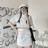 Gothic Lolita Harajuku Style Clothing Autumn Multi-Pocket Short Jacket High Waist Skirt Two-Piece Set