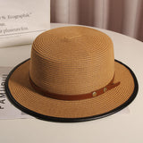 Straw Hat Vintage Belt Buckle Flat Top Hat Sun Protection Beach Sun Hat