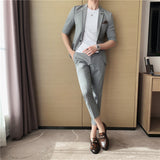 Men Trousers Slim Fit Mid-Sleeve Suit Two-Piece Set