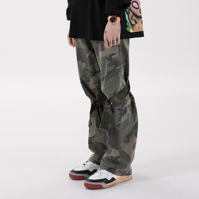 Knee Strap Camouflage Cargo Pants Men's Hip Hop Bell-Bottom Pants Trendy Casual Pants plus Size Retro Sports Men Pants