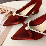 Nude Block Heel Sandals Pearl Bow High Heels Retro Shoes