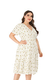 Women Plus Size MIDI Dressesv Collar Waist Trimming Short-Sleeved Printed Dress