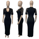 V-neck Lace Stitching Short Sleeve Slim-Fit Sexy Dress