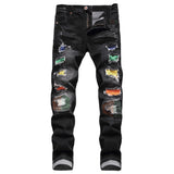 J Shaped Jeans Men's Jeans Straight Hole Colored Mosaic Patchwork Stick-on Crystals