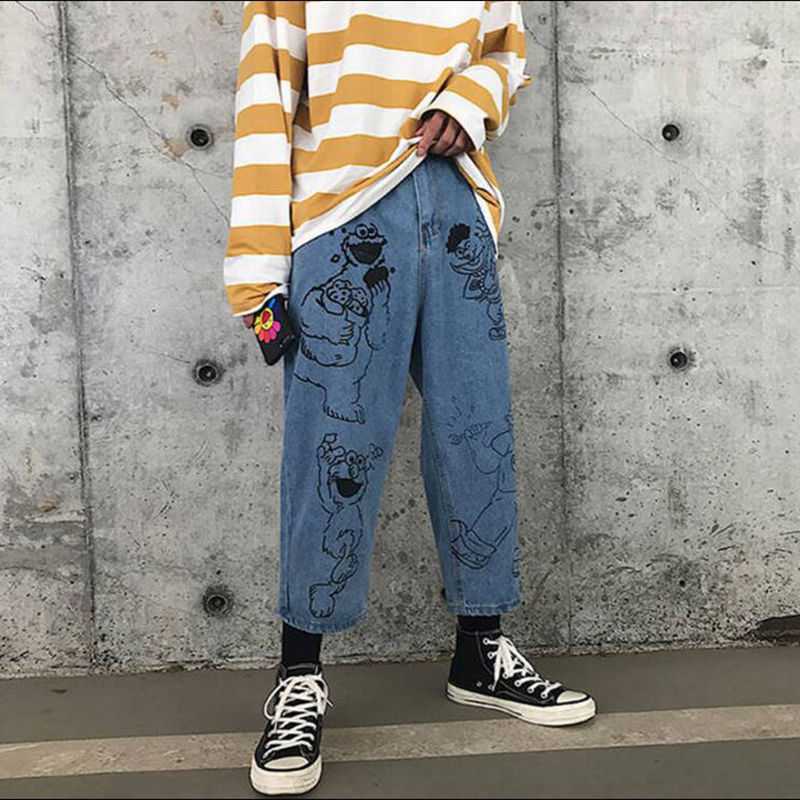 Anime Print Jeans Denim Pants Summer Retro Cartoon Student
