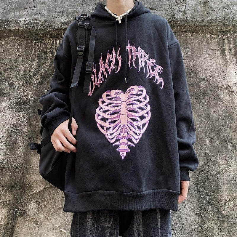 Skeleton Hoodie Retro Dark Skeleton Letter Print Loose-Fitting Hoodie
