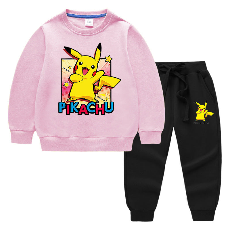 Children Pokemon Pikachu Hoodie & Pant Set Sweatshirt Set Solid Color Cotton Warm