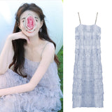 Fairy Dress Summer Vacation Style Dot Mesh Sling Mid-Length Dress