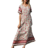 Beth Dutton Bohemian Dress Summer Spring Midi Dresses V-neck Waist Trimming Printing Vacation Beach Dress