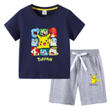 Children Pokemon Pikachu Tshirts & Shorts round Neck Half Sleeve T-shirt Suit Cotton Two-Piece Suit
