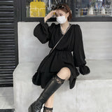 Gothic Lolita Harajuku Style Clothing Autumn Dark Lace V-neck Patchwork Dress