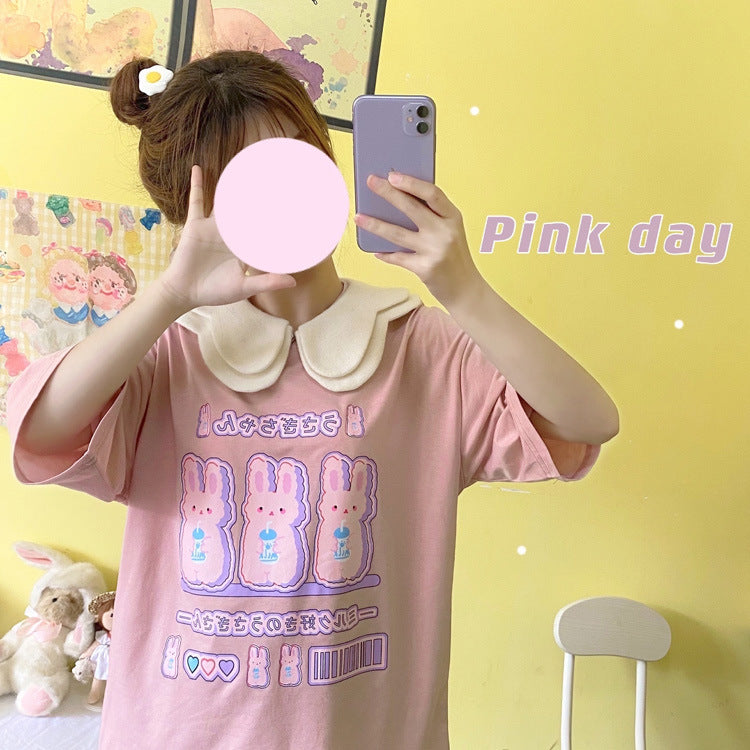 Gothic Lolita Harajuku Style Clothing Three Milk Rabbit Printed Cute T-shirt (Excluding Fake Collar)