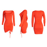 Autumn and Winter Multi-Color Long Sleeve Single Side Pleating Fashion Slim Dress