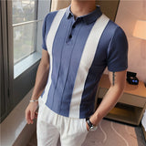 Men Short Sleeve T-Shirt Contrast Color Stripes Lapel Short Sleeve Polo Shirt