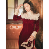 Fairy Dress Autumn and Winter Women's Clothing Hepburn Style French Dress Vintage Velvet Stitching Lace