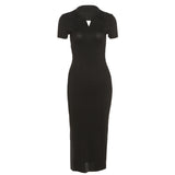 Music Festivals Rave Outfits Dress Lapel Short Sleeve Sexy Backless Slim Fit Split Dress