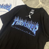 Thrasher T Shirt Classic Flame Blue Ghost Print round Neck Loose Couple