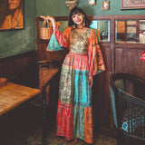 Beth Dutton Bohemian Dress Winter Autumn Midi Dresses Flare Sleeve Contrast Color Round Neck 3/4 Sleeve Color Holiday Dress