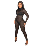 Autumn Sexy Hollow-out Striped Mock-Neck Hip Raise Skinny Sports Jumpsuit Women