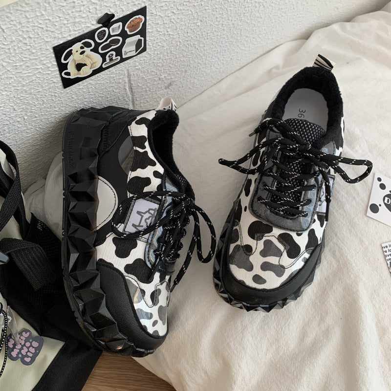 Cow Print Hey Dude Shoes Thick-Soled White Shoes for Female Students Fashion Sports Board Shoes