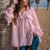 Women Bohemian Shirts Women's Summer Casual Long Sleeve Cotton Linen Shirt