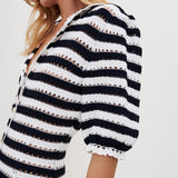 Black and White Dress Law V-neck High Waist Puff Sleeve Striped Hollow-out Knitted Dress