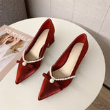 Nude Block Heel Sandals Pearl Bow High Heels Retro Shoes