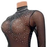 Kesha Black Dress Women's Fashion Sexy Mesh Long Sleeve Rhinestone Dress
