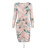 Women Summer Dresses Midi Dress Sexy V-neck Long Sleeve Printed Dress