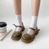Nude Block Heel Sandals Retro British Style Mary Jane Leather Shoes