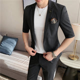 Men Trousers Slim Fit Mid-Sleeve Suit Two-Piece Set