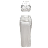 Women Top & Skirt 2 Piece Set Summer Vest Slit Skirt Casual Suit