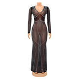 Kesha Black Dress Women's Fashion Sexy Mesh See-through Nightclub Hot Rhinestone Long Dress Women