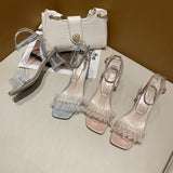 Nude Chunky Heel Pearl Sandals
