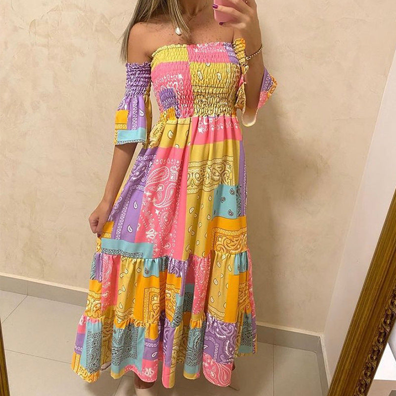 Women Bohemian Dress Summer off-the-Shoulder Waist Trimming Printing Dress