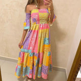 Women Bohemian Dress Summer off-the-Shoulder Waist Trimming Printing Dress