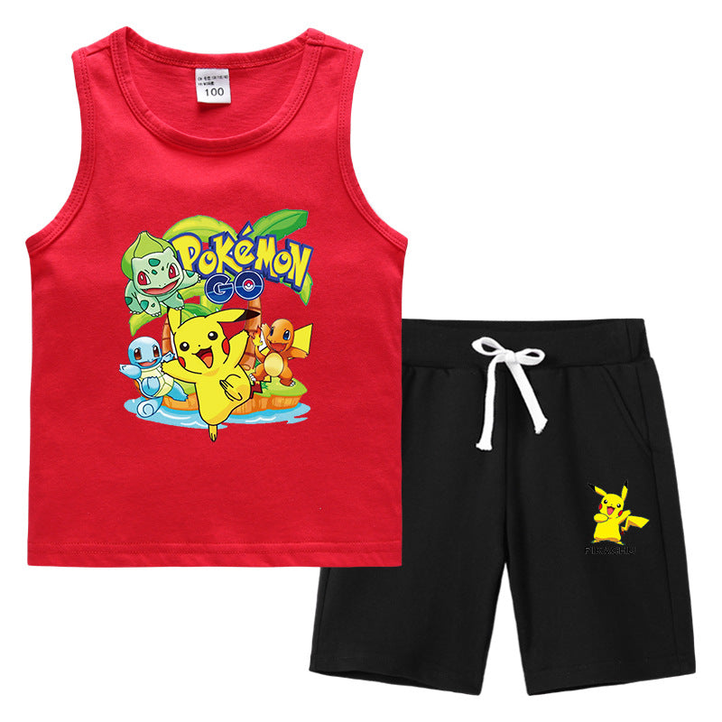 Children Pokemon Pikachu Tshirts & Shorts Summer Vest Middle Pants Sports Casual Thin Two Pieces