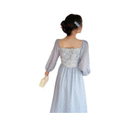 Fairy Dress French Romantic Elegant Blue Rose Jacquard Autumn Pearl over the Knee A- line Long Dress Temperament Female