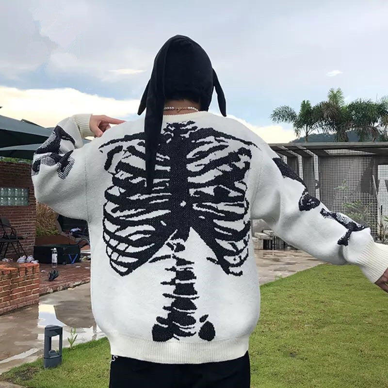 Skeleton Hoodie Skeleton Knitwear Men's Street Loose round Neck Sweater Pullover