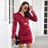 Dakota Johnson Red Mini Dress Pleating Puff Sleeve Long Sleeve