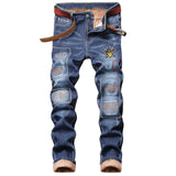 J Shaped Jeans Straight Ripped Patch plus Velvet Thickened Men's Jeans
