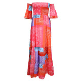 Women Bohemian Dress Summer off-the-Shoulder Waist Trimming Printing Dress