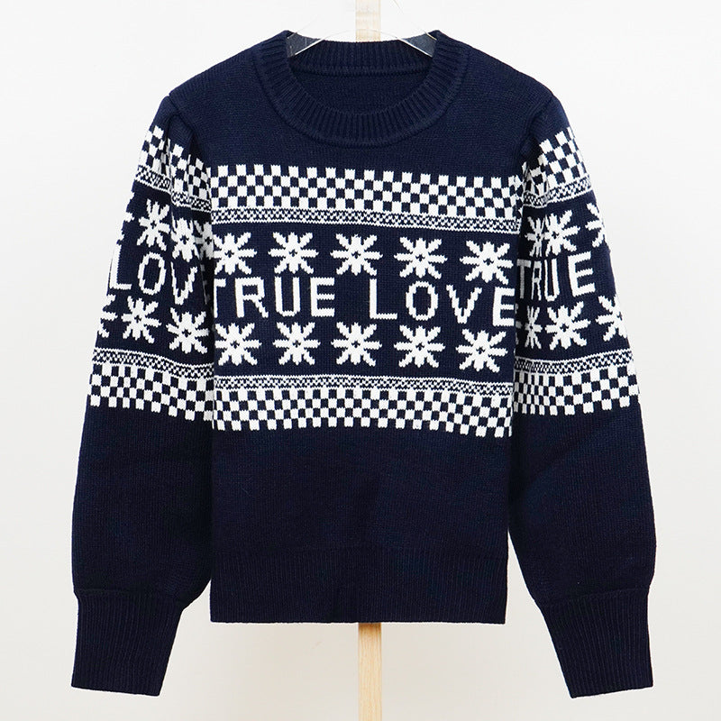 Black Christmas Sweater All-Matching Floral Plaid Sweater