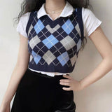 Preppy Aesthetic Outfits Retro Pullover V-neck Rhombus Knitted Vest Women