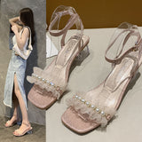 Nude Chunky Heel Pearl Sandals
