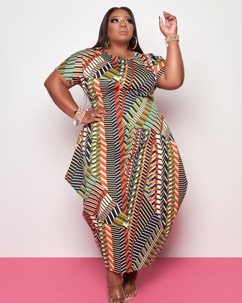 Women Plus Size Maxi Dresses Printed Short Sleeve Irregular Dress