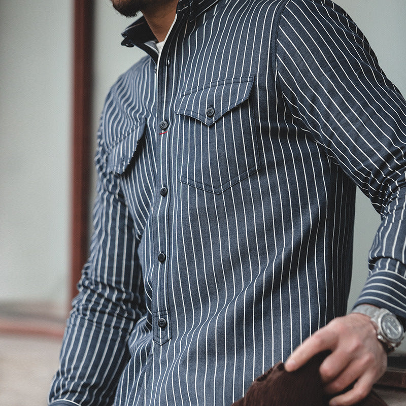 Work Shirts Vintage Striped Shirt Long-Sleeved Jacket for Men