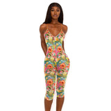 Summer Women's Clothing Sexy Low Collar Sleeveless Printed Sling Tight Sports Casual Jumpsuit